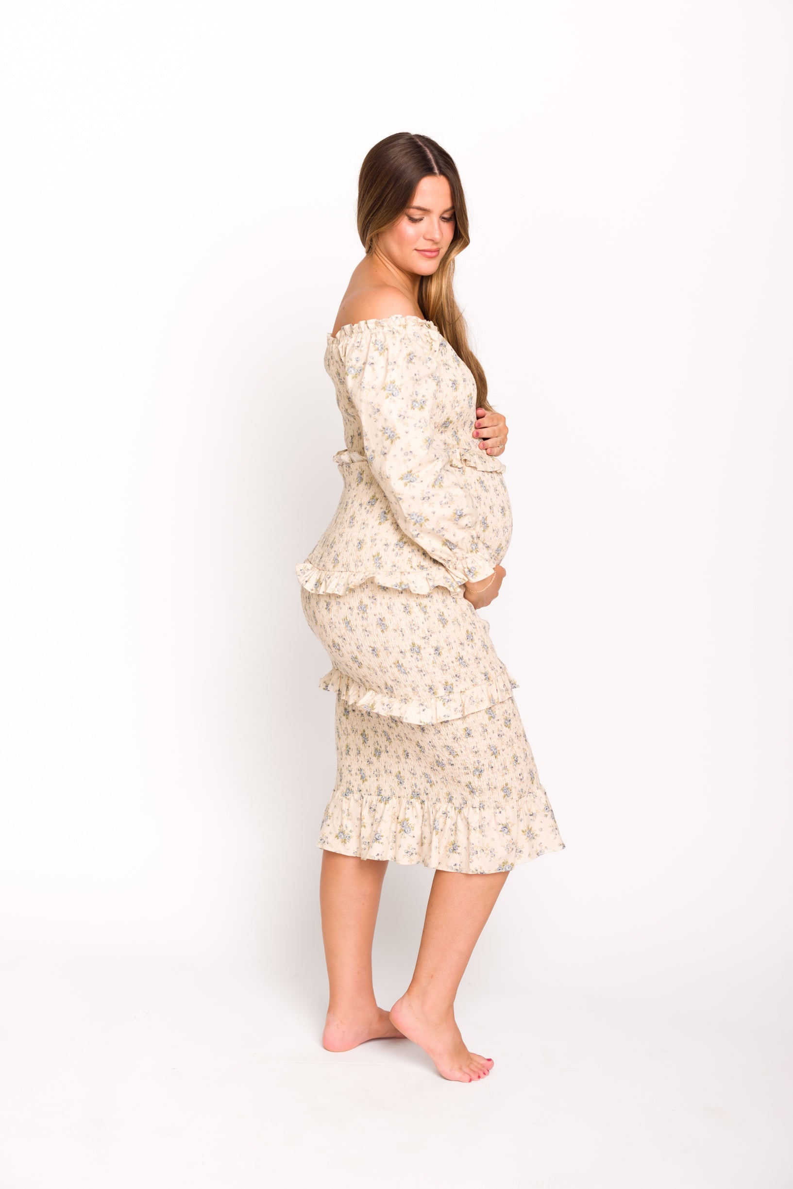 Lila Floral Printed Smocked Midi Dress in Blue - Bump Friendly *Final-Sale*