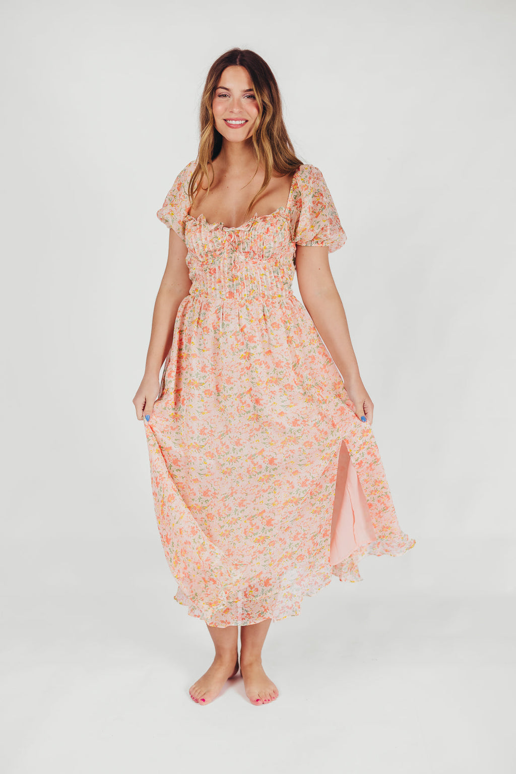 Lunaria Pleated Bustier Midi Dress in Orange Floral *Final-Sale*