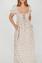 Haven 100% Cotton Tie-Front Maxi Dress in Blue/Brown Floral - Bump Friendly