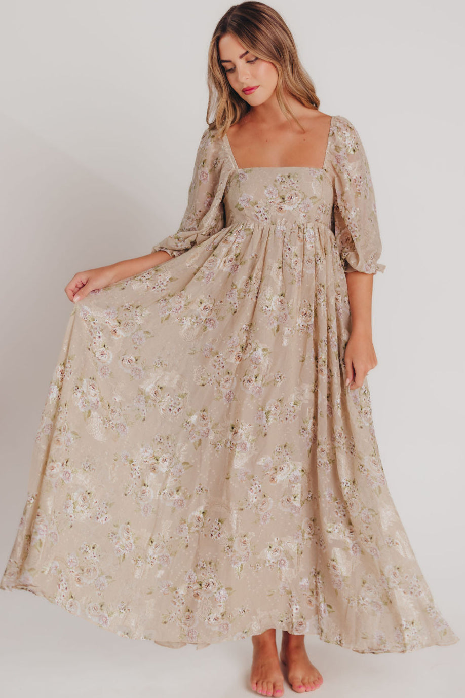 Mona Maxi Dress in Beige/Brown Floral - Bump Friendly