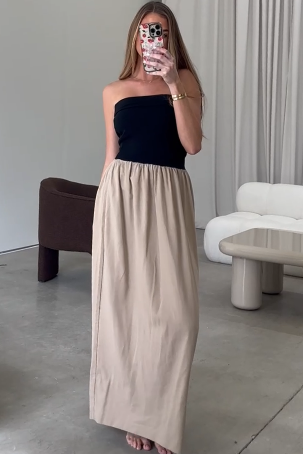 Kaylee Linen and Ribbed Knit Maxi Dress in Black/Tan