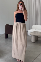 Kaylee Linen and Ribbed Knit Maxi Dress in Black/Tan