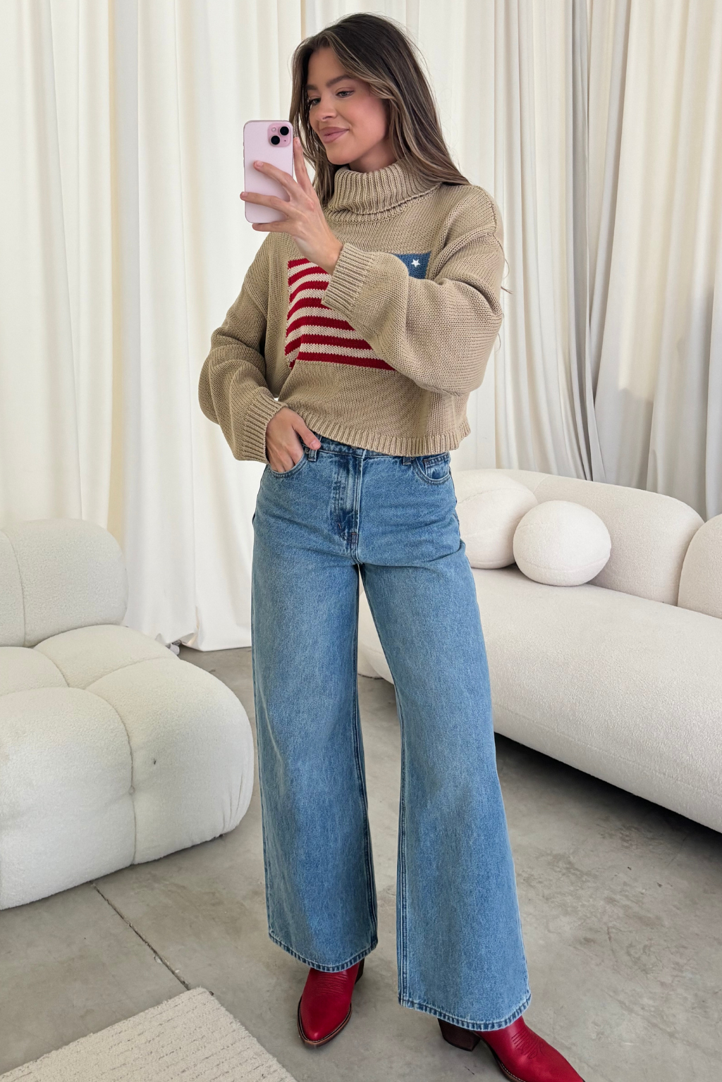 Martha American Flag Turtle Neck Sweater in Straw