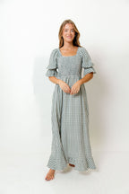 Sienna 100% Cotton Puff Sleeve Maxi Dress in Teal Green Plaid - Bump Friendly *Final Sale*