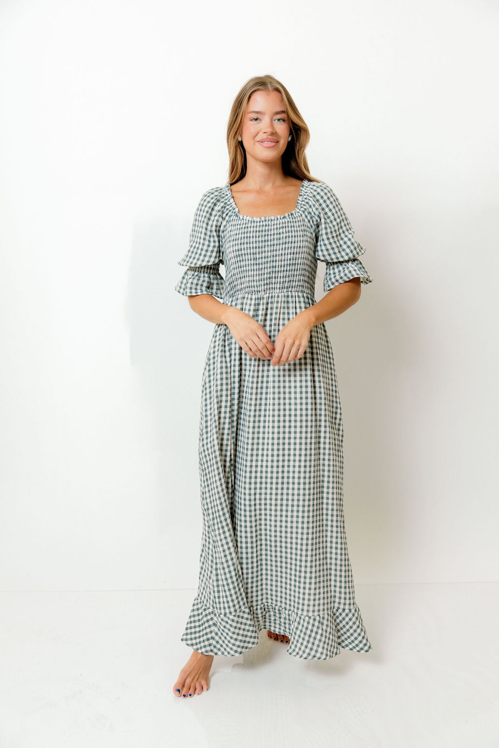Sienna 100% Cotton Puff Sleeve Maxi Dress in Teal Green Plaid - Bump Friendly *Final Sale*