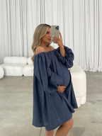 Cassidy 100% Linen On/Off Shoulder Mini Dress in Denim *Final-Sale*