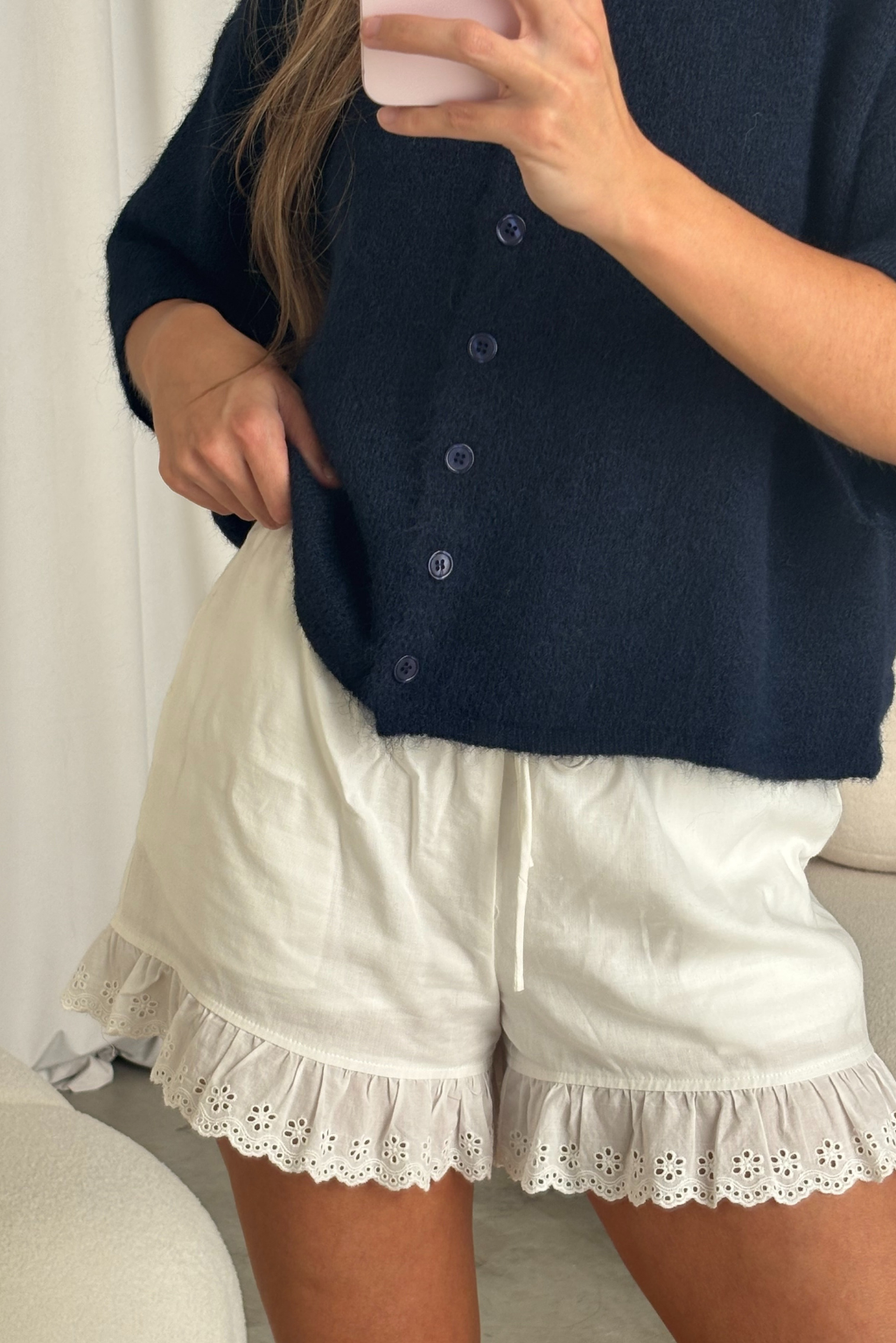 Chutney Button-Up Half Sleeve Knit Cardigan Top in Navy