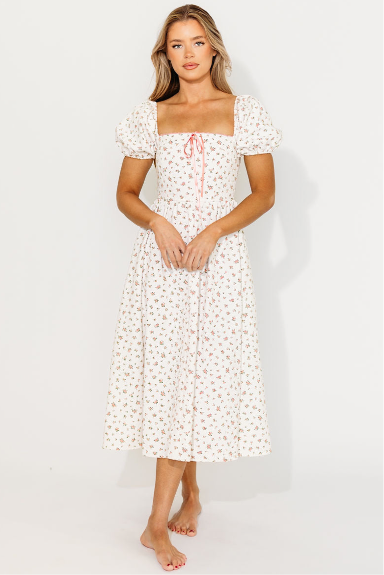 Charlotte Cotton Puff Sleeve Midi Dress in Cream/Pink Floral