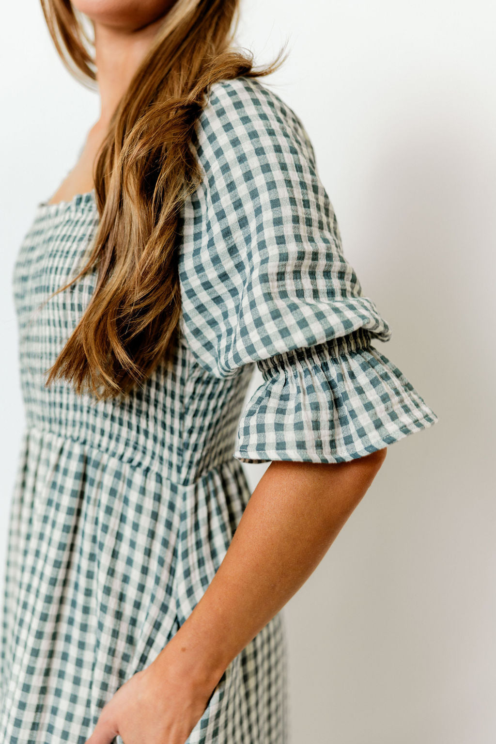 Sienna 100% Cotton Puff Sleeve Maxi Dress in Teal Green Plaid - Bump Friendly *Final Sale*