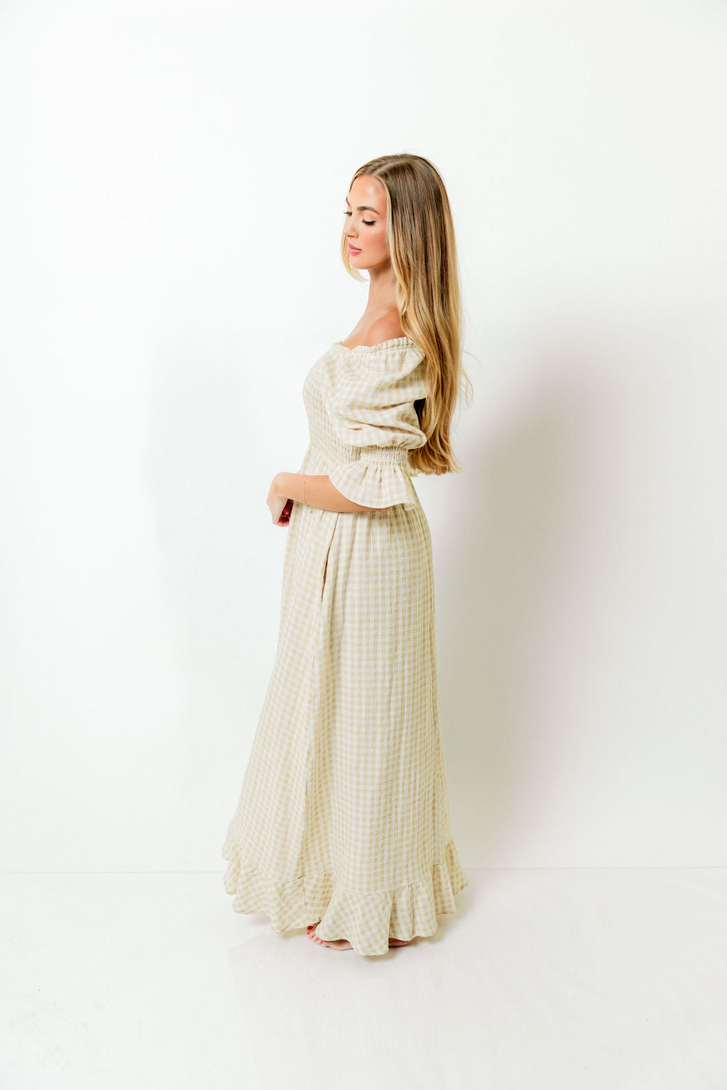 Sienna 100% Cotton Puff Sleeve Maxi Dress in Muted Gold Plaid - Bump Friendly *Final Sale*