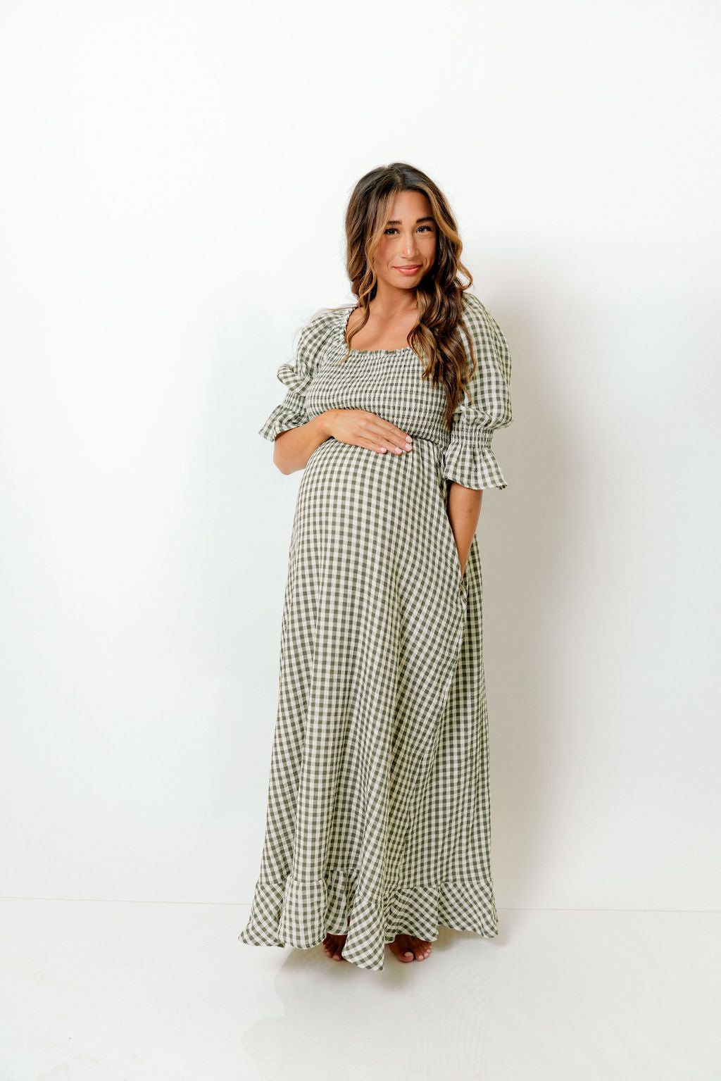Sienna 100% Cotton Puff Sleeve Maxi Dress in Forest Plaid - Bump Friendly