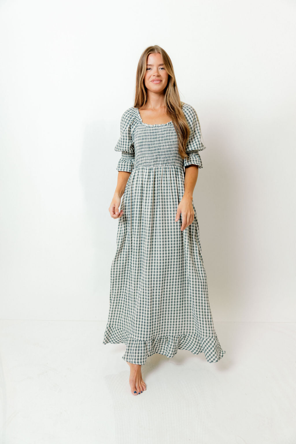 Sienna 100% Cotton Puff Sleeve Maxi Dress in Teal Green Plaid - Bump Friendly *Final Sale*