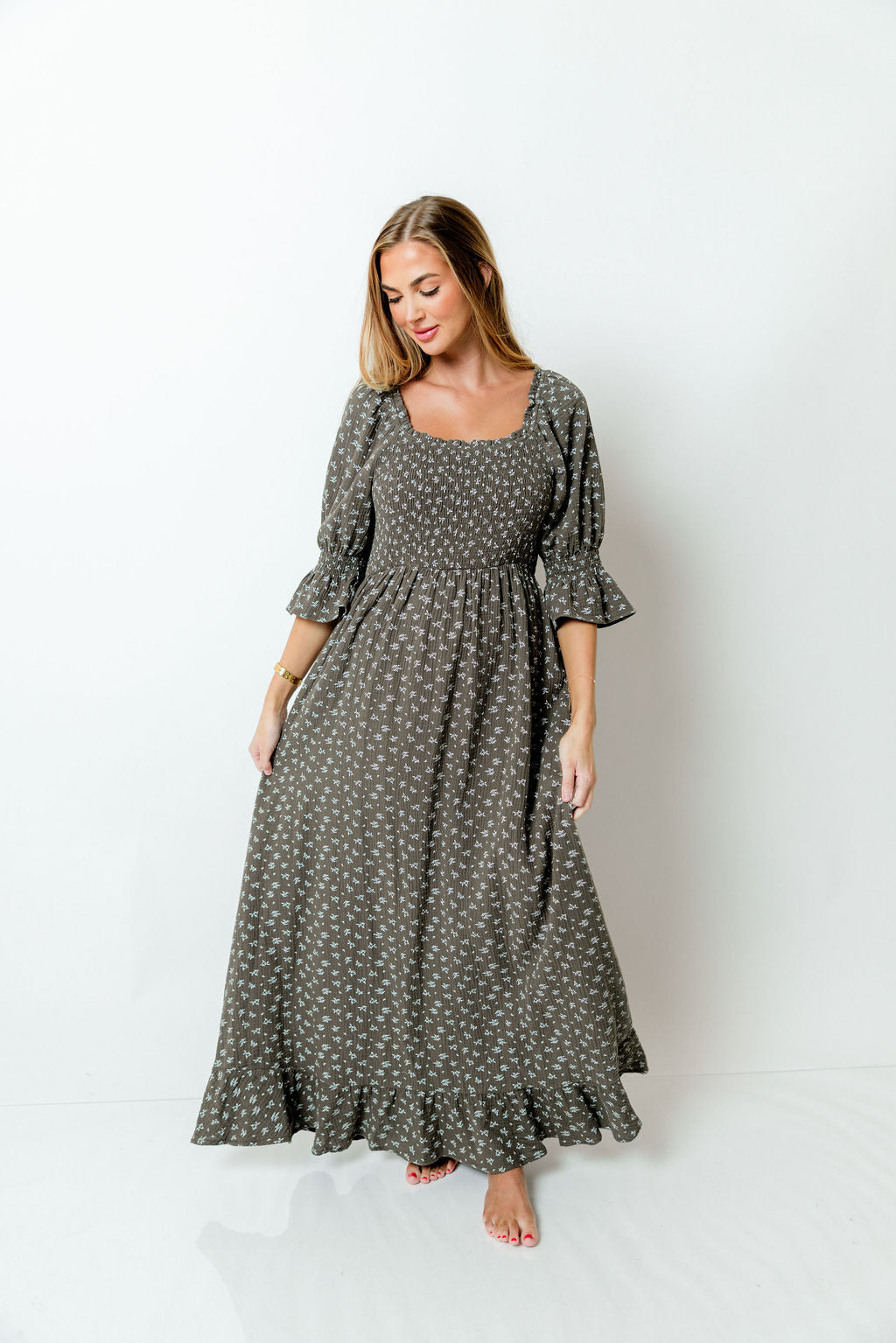 Sienna 100% Cotton Puff Sleeve Maxi Dress in Forest Foliage - Bump Friendly