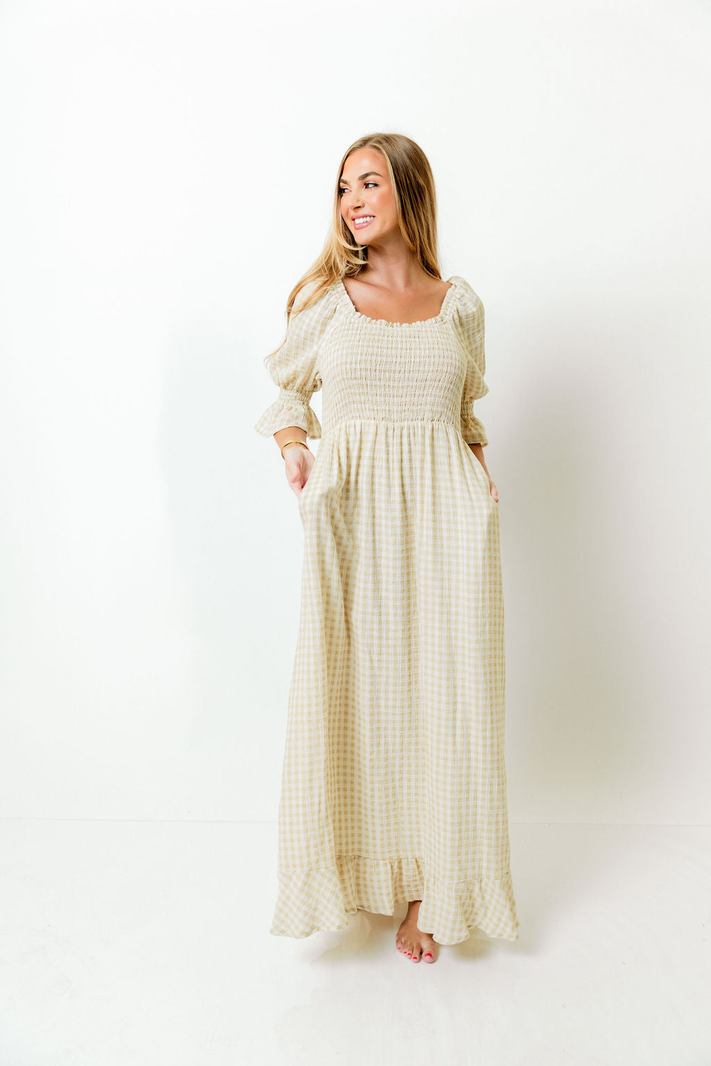 Sienna 100% Cotton Puff Sleeve Maxi Dress in Muted Gold Plaid - Bump Friendly *Final Sale*