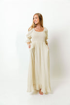 Sienna 100% Cotton Puff Sleeve Maxi Dress in Muted Gold Plaid - Bump Friendly *Final Sale*