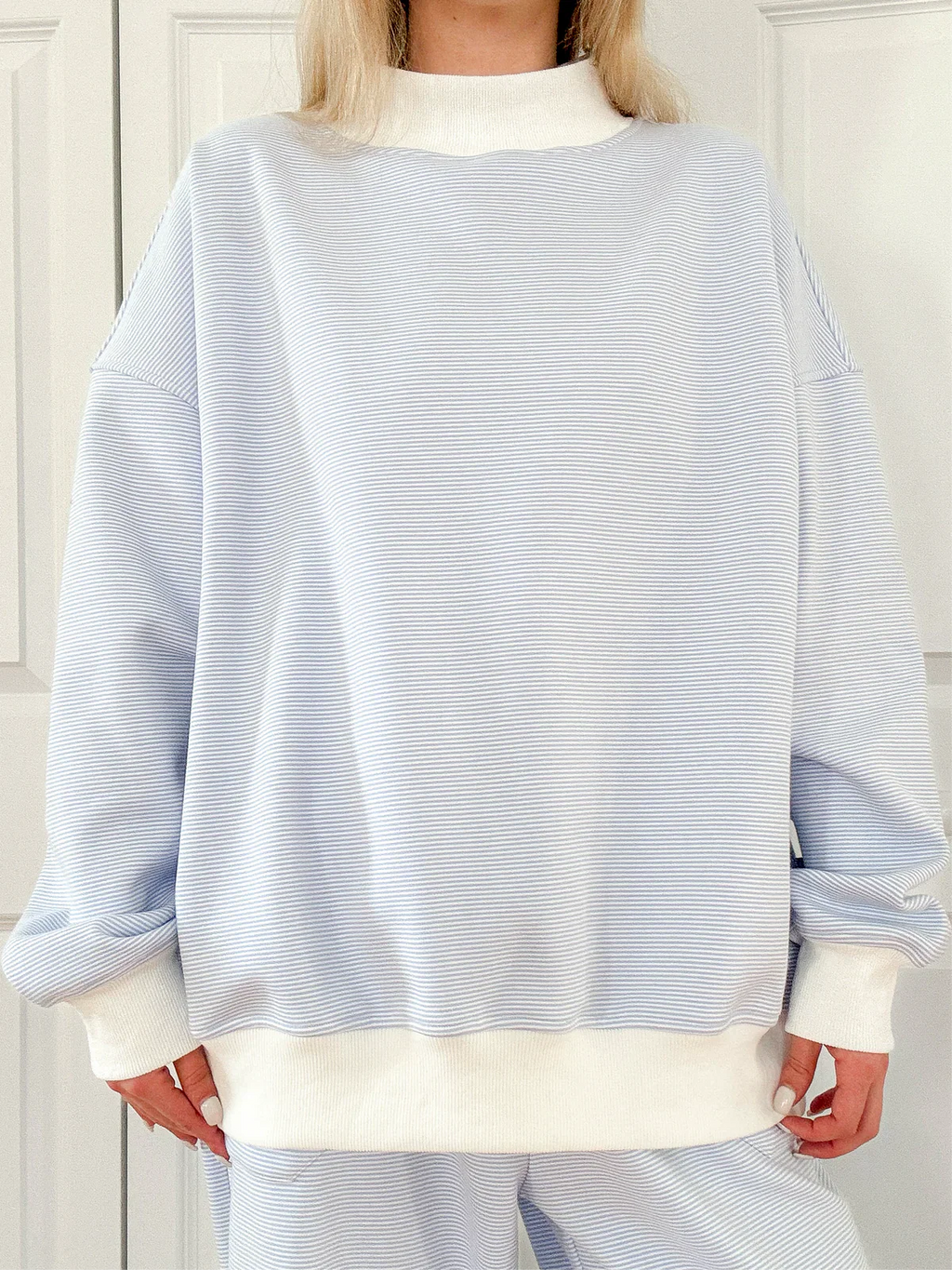 Cynthia Mini Striped Mock Neck Sweatshirt Blue and White