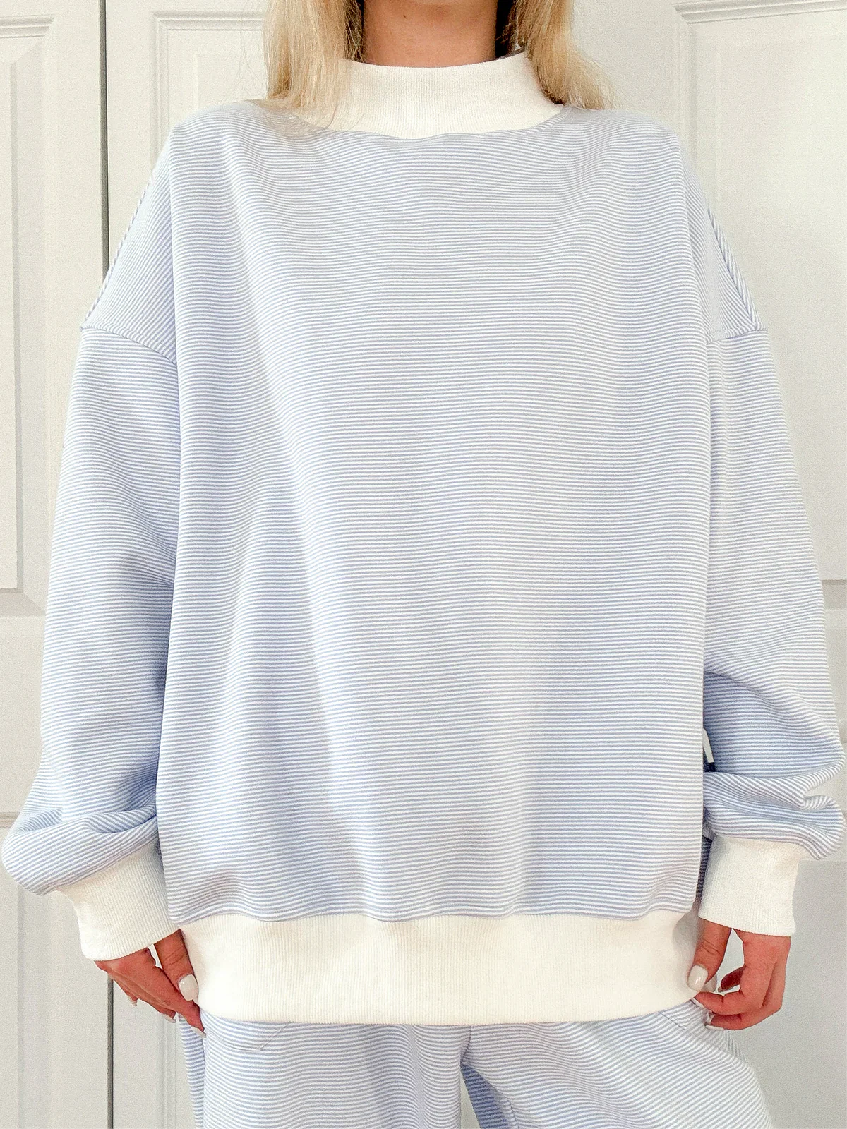 Cynthia Mini Striped Mock Neck Sweatshirt Blue and White