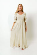 Sienna 100% Cotton Puff Sleeve Maxi Dress in Muted Gold Plaid - Bump Friendly *Final Sale*