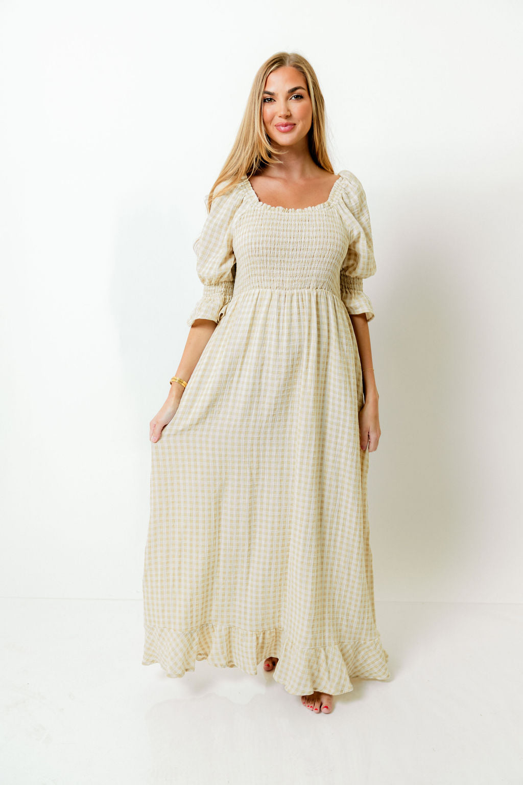 Sienna 100% Cotton Puff Sleeve Maxi Dress in Muted Gold Plaid - Bump Friendly *Final Sale*