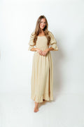 Sienna 100% Cotton Puff Sleeve Maxi Dress in Muted Gold Foliage - Bump Friendly *Final Sale*