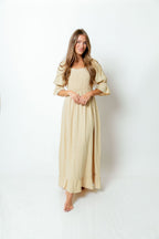 Sienna 100% Cotton Puff Sleeve Maxi Dress in Muted Gold Foliage - Bump Friendly *Final Sale*