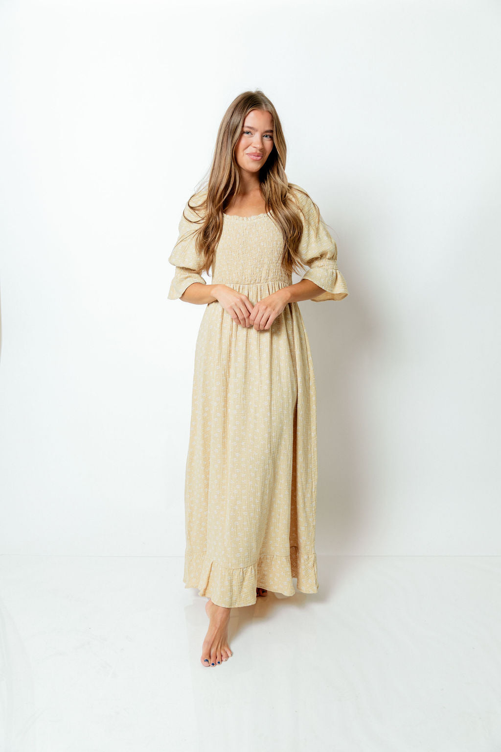 Sienna 100% Cotton Puff Sleeve Maxi Dress in Muted Gold Foliage - Bump Friendly *Final Sale*
