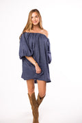 Cassidy 100% Linen On/Off Shoulder Mini Dress in Denim *Final-Sale*