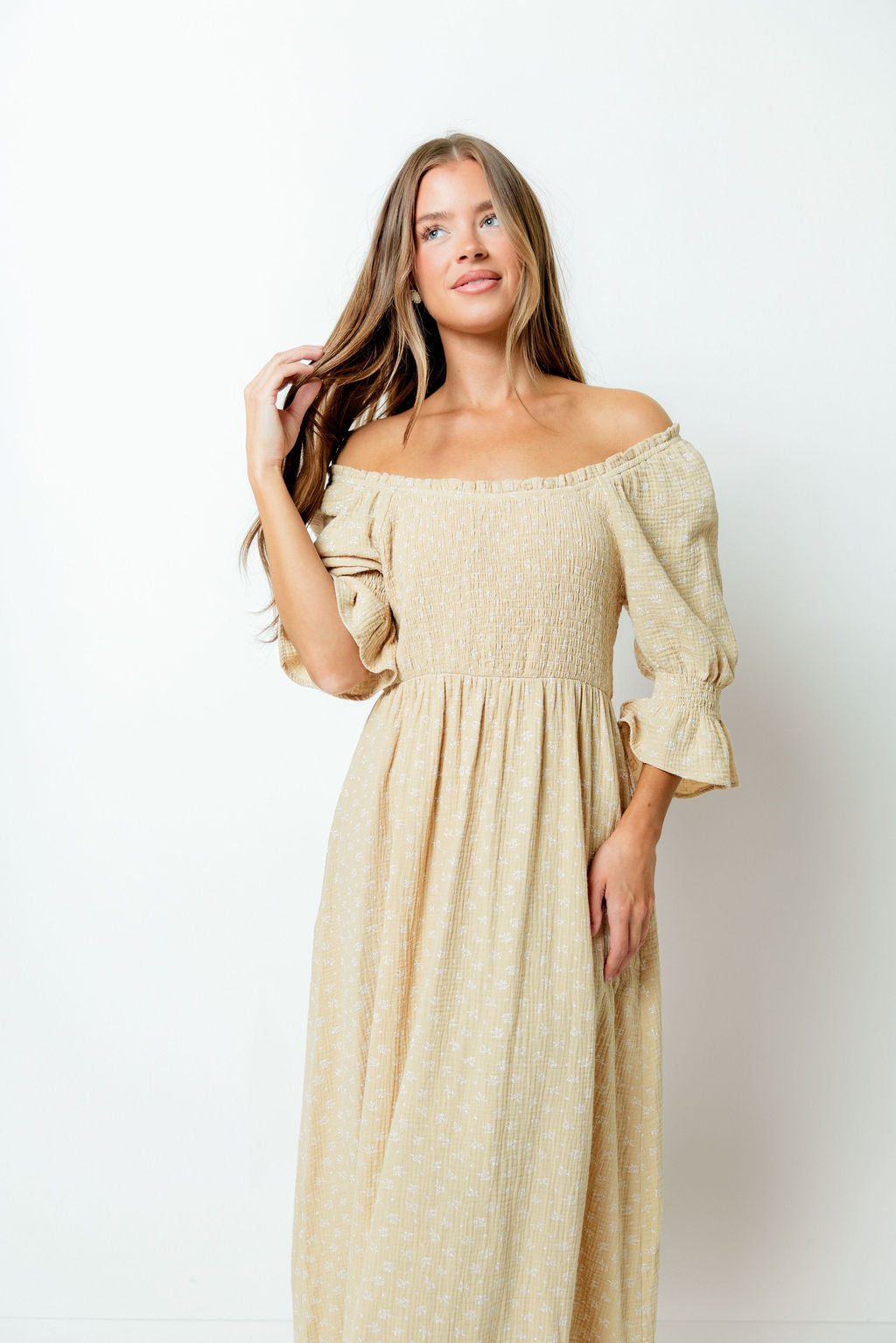 Sienna 100% Cotton Puff Sleeve Maxi Dress in Muted Gold Foliage - Bump Friendly *Final Sale*