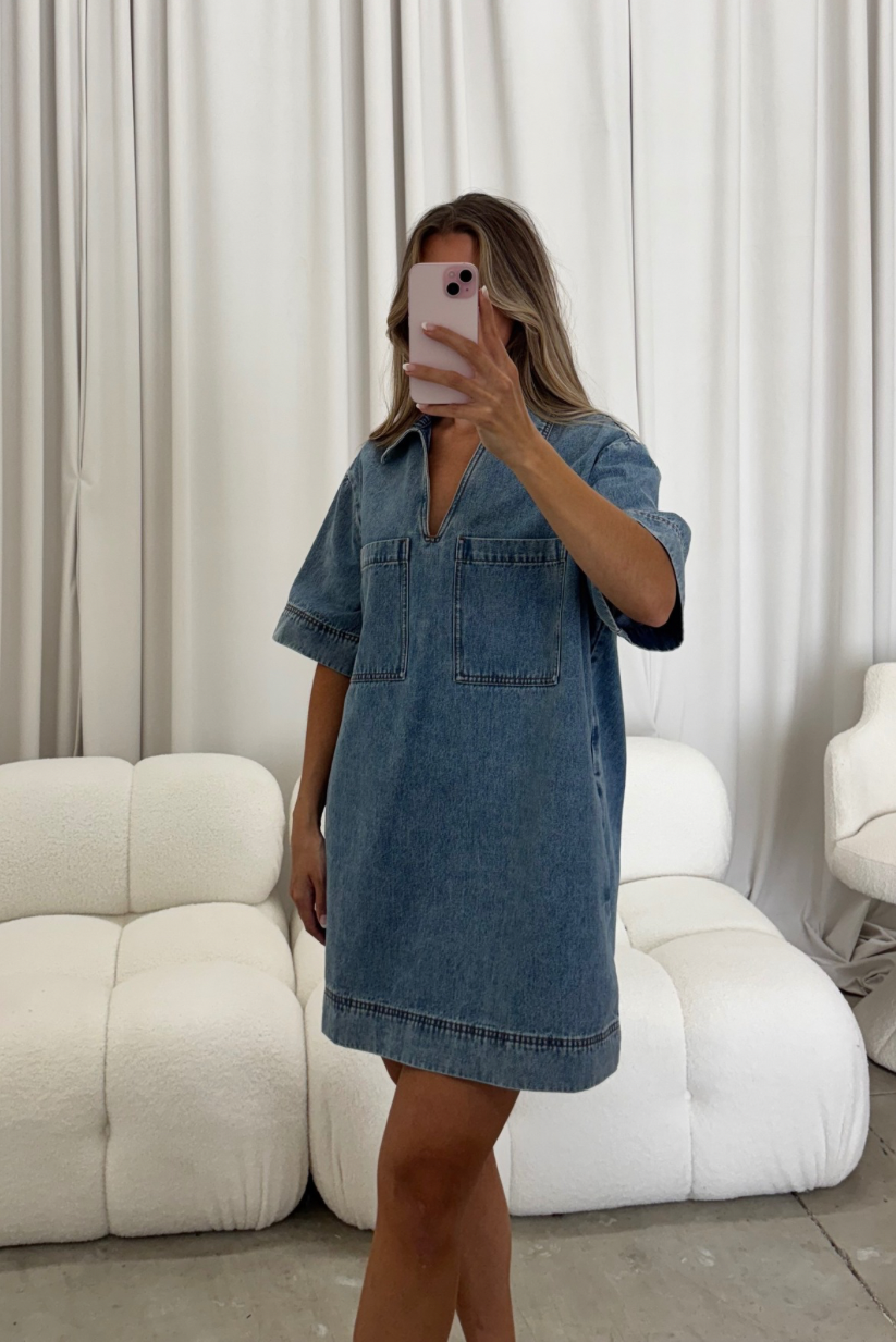 Connie V-Neck Tunic Dress in Denim