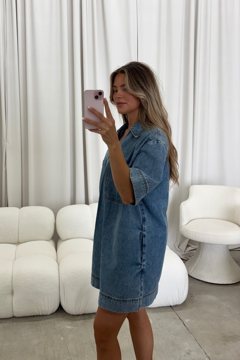 Connie V-Neck Tunic Dress in Denim
