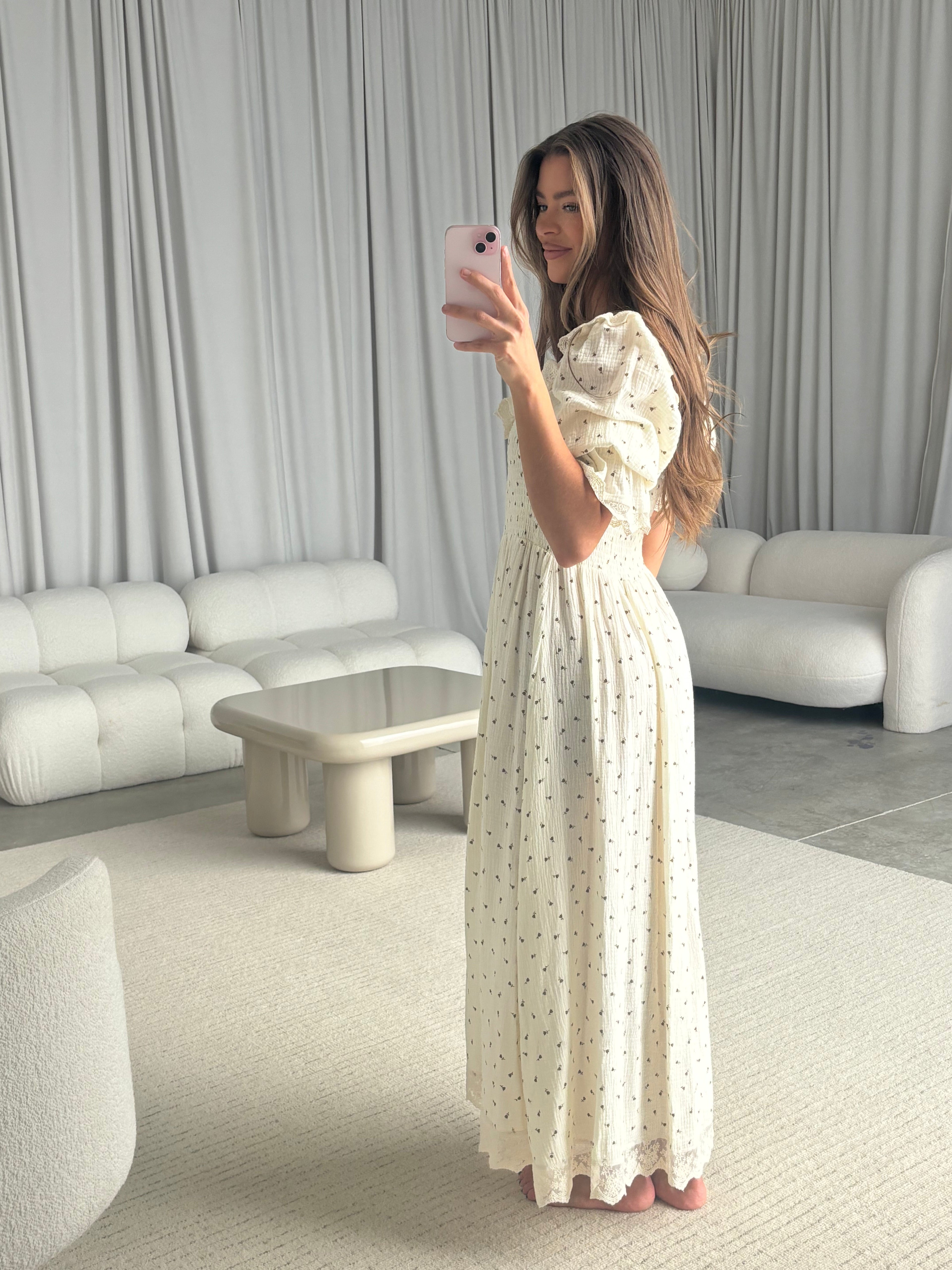 Nara 100% Cotton Maxi Dress in Ivory Multi - Bump Friendly