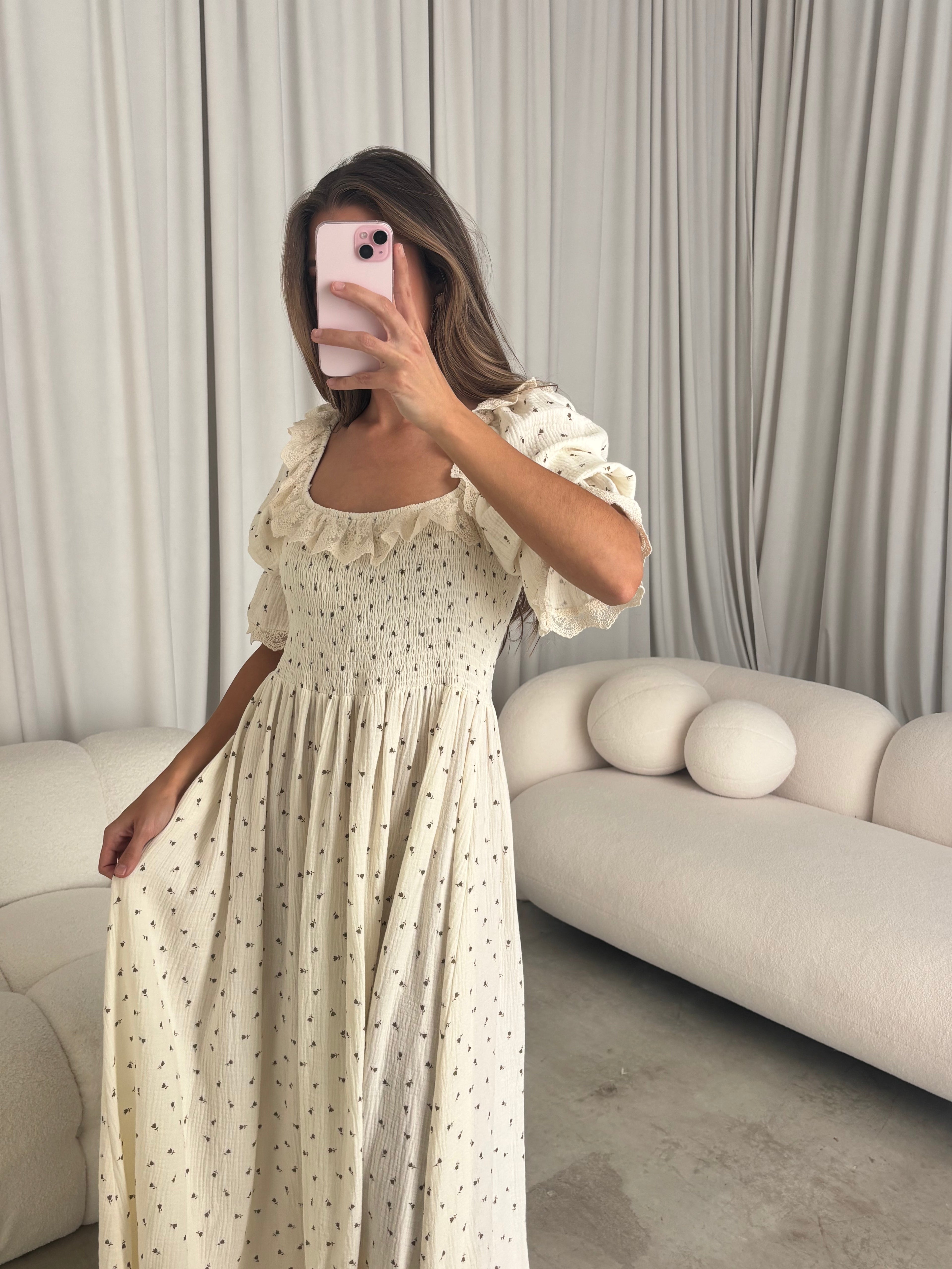 Nara 100% Cotton Maxi Dress in Ivory Multi - Bump Friendly