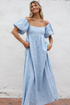 Candace Linen Maxi Dress in Light Blue - Bump Friendly