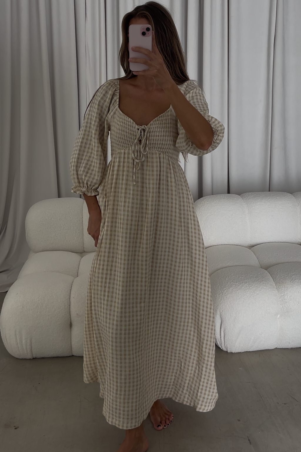 Cecilia 100% Cotton Smocked Maxi Dress in Muted Gold Plaid - Bump Friendly