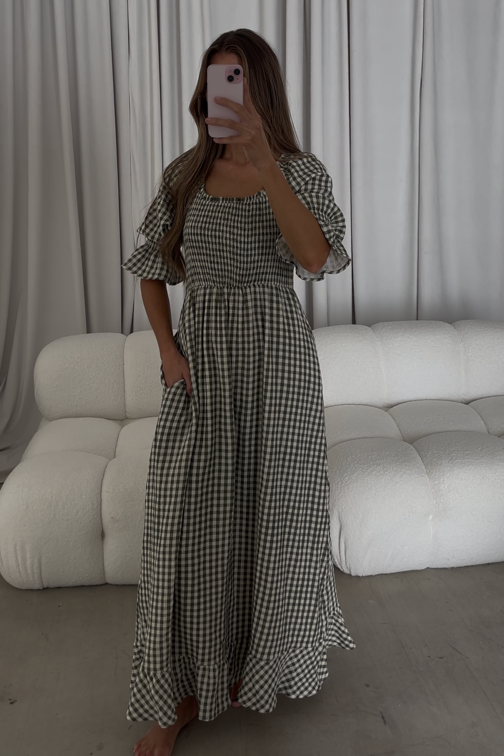Sienna 100% Cotton Puff Sleeve Maxi Dress in Forest Plaid - Bump Friendly