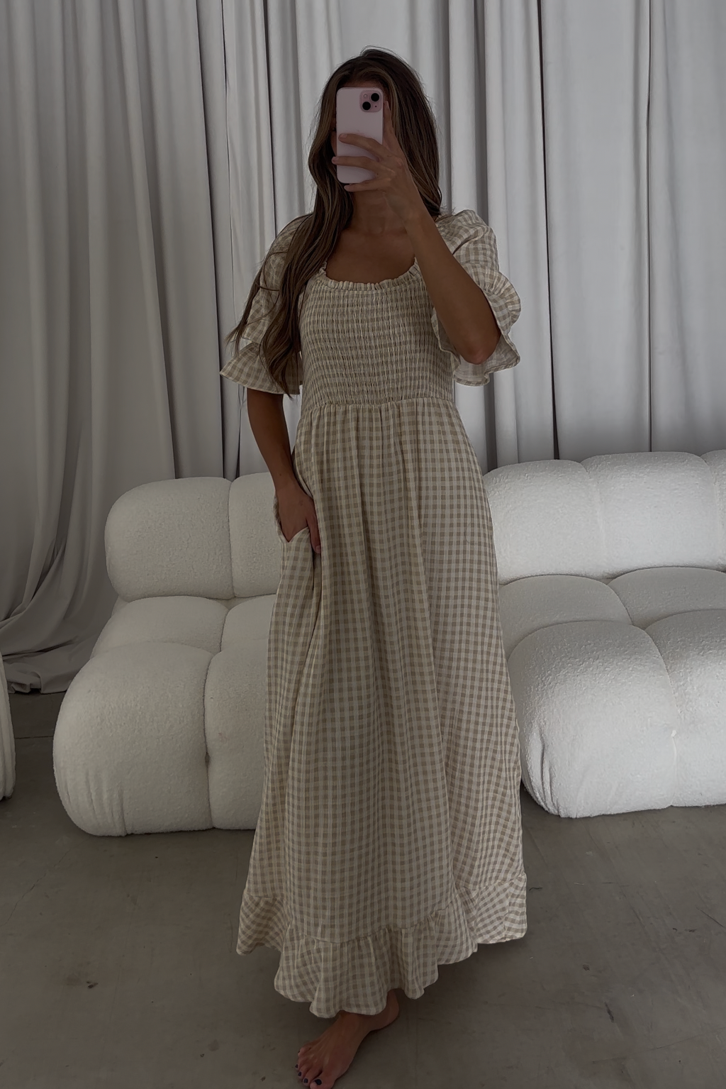 Sienna 100% Cotton Puff Sleeve Maxi Dress in Muted Gold Plaid - Bump Friendly *Final Sale*