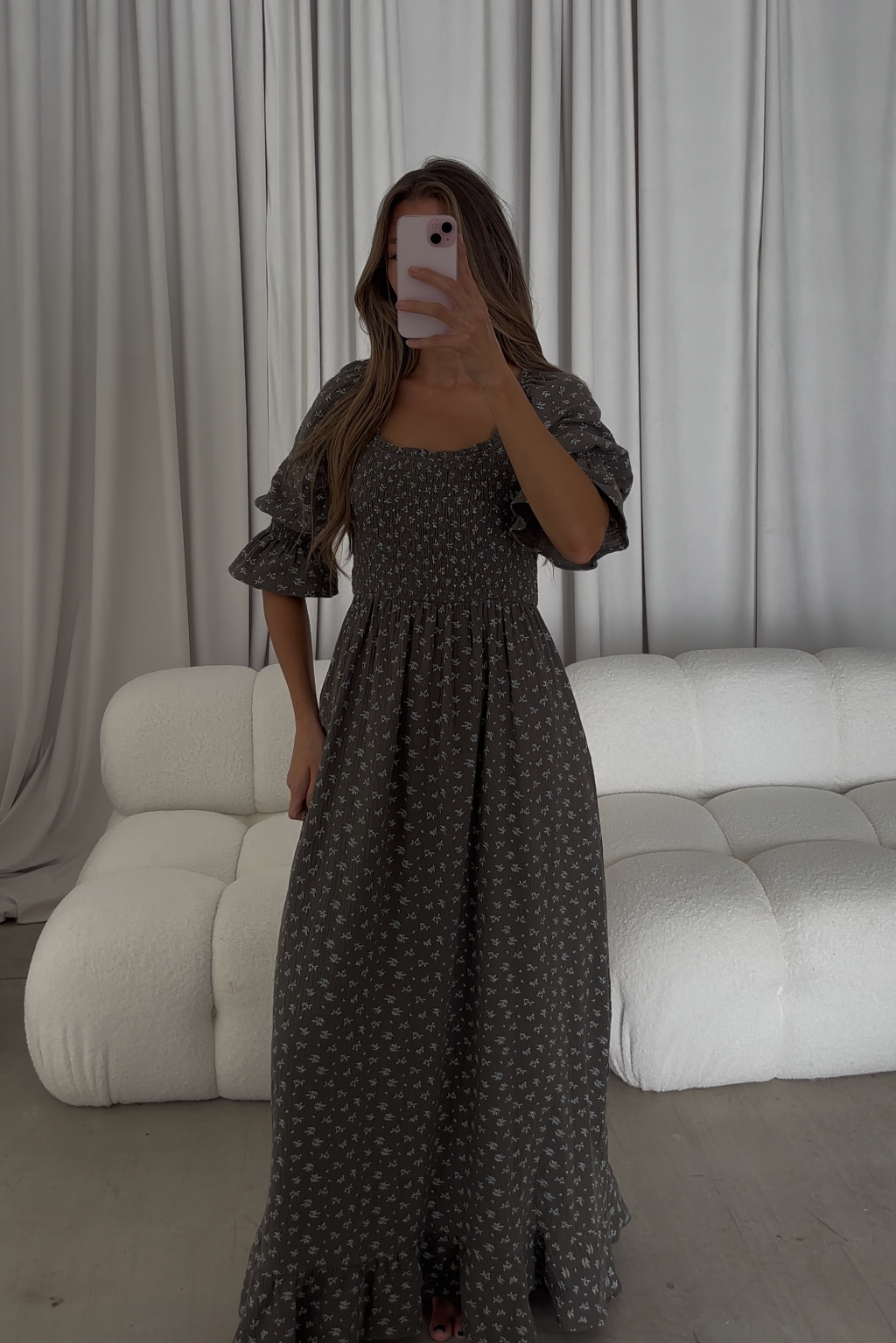 Sienna 100% Cotton Puff Sleeve Maxi Dress in Forest Foliage - Bump Friendly