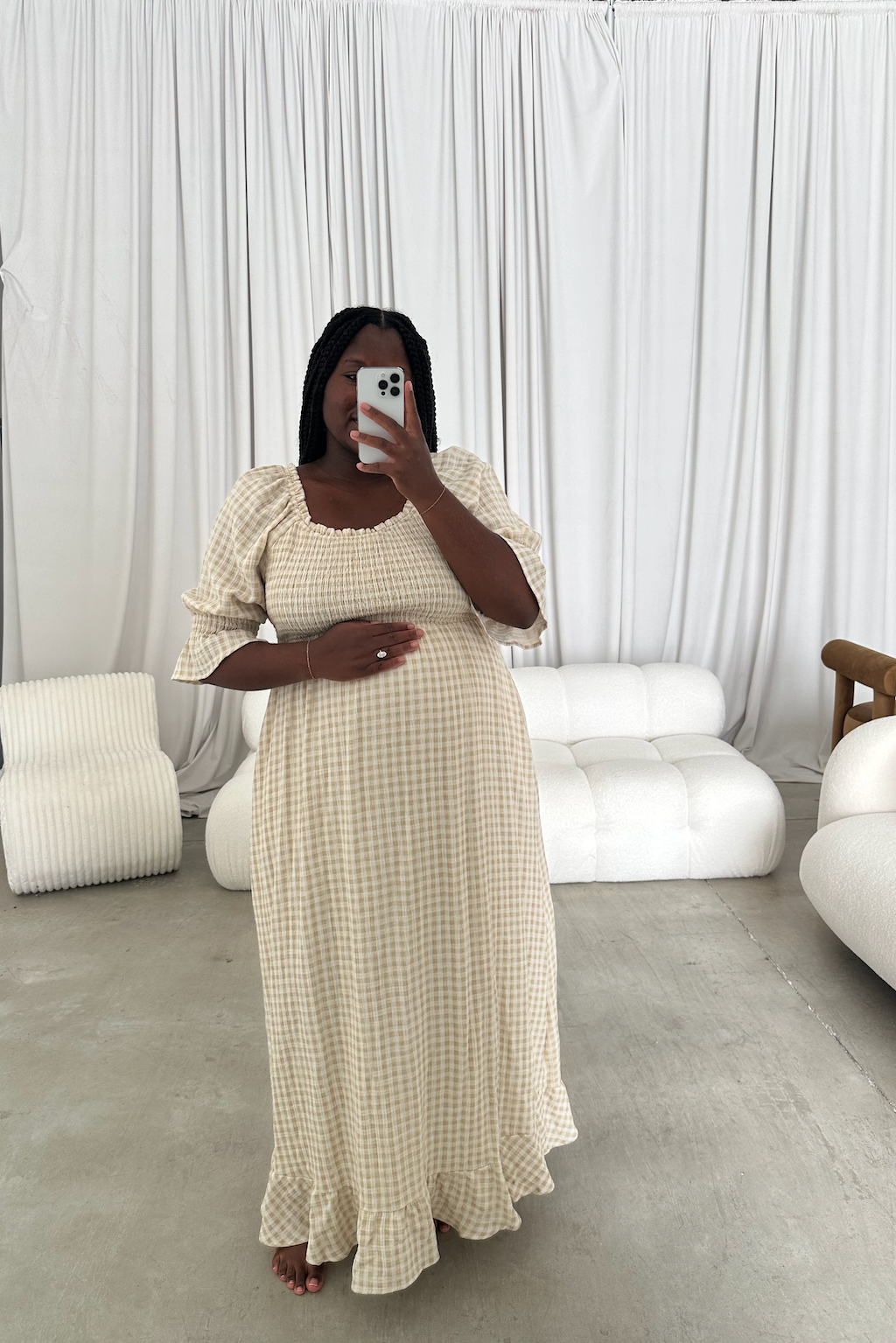 Sienna 100% Cotton Puff Sleeve Maxi Dress in Muted Gold Plaid - Bump Friendly *Final Sale*