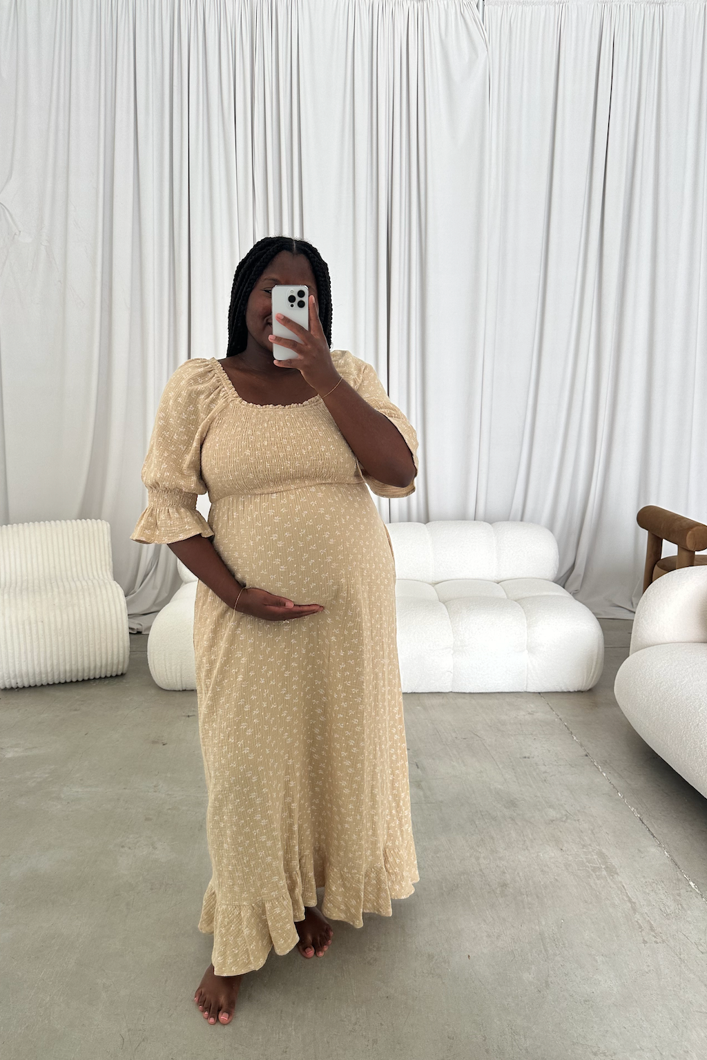 Sienna 100% Cotton Puff Sleeve Maxi Dress in Muted Gold Foliage - Bump Friendly *Final Sale*