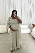 Sienna 100% Cotton Puff Sleeve Maxi Dress in Forest Plaid - Bump Friendly