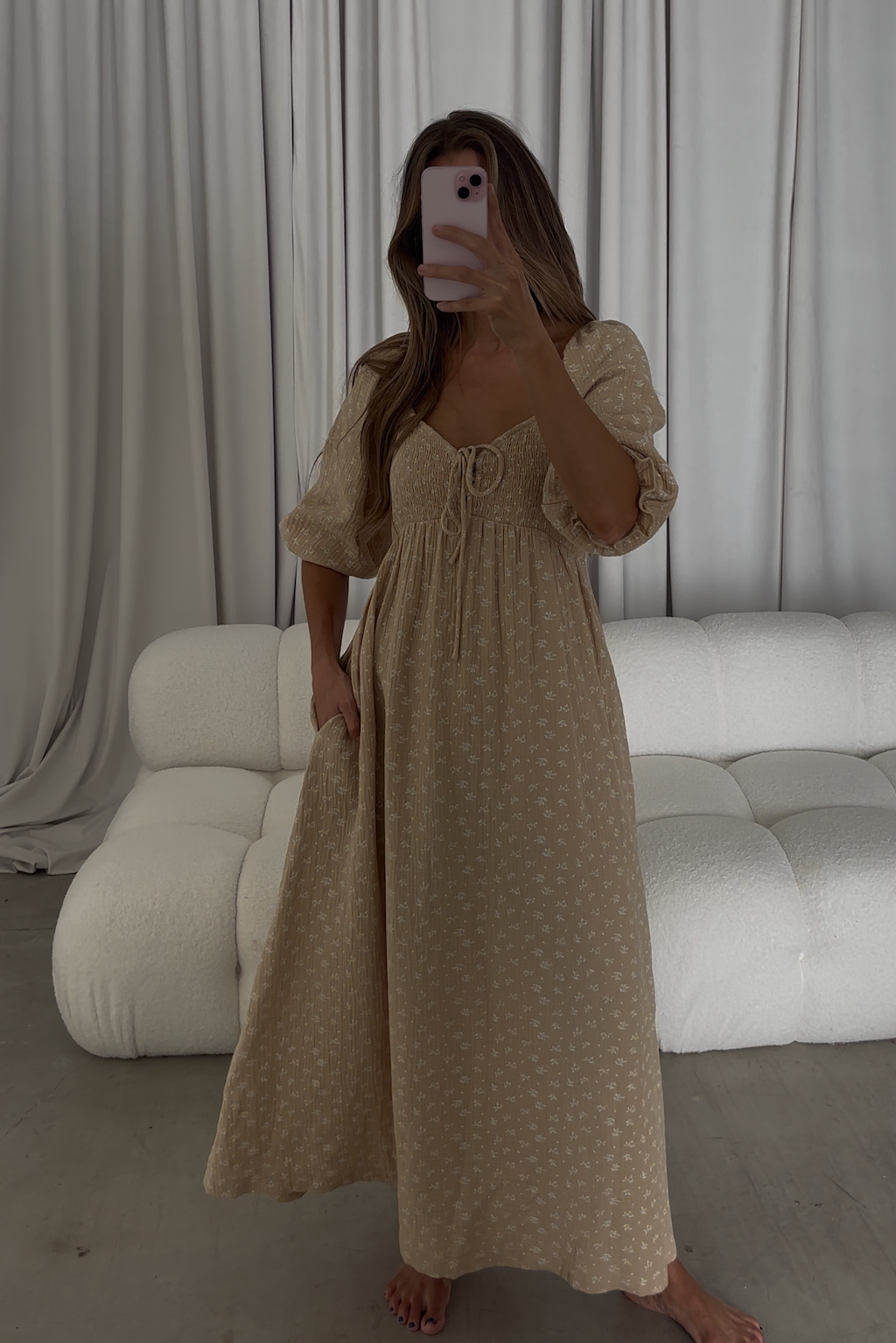 Cecilia 100% Cotton Smocked Maxi Dress in Muted Gold Foliage - Bump Friendly