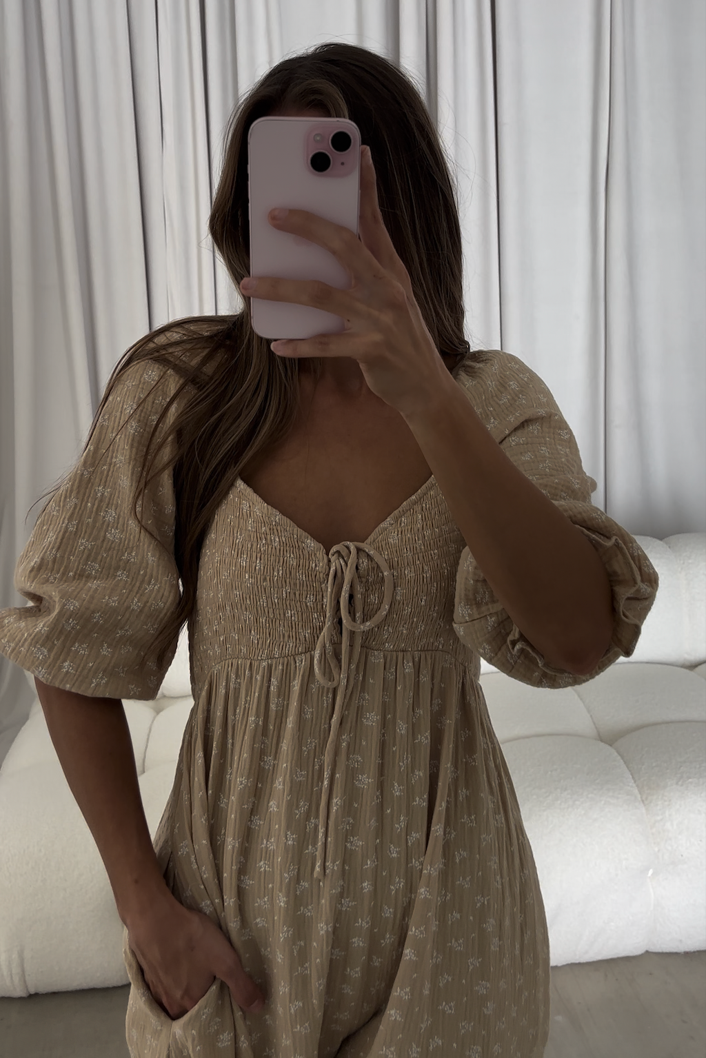 Cecilia 100% Cotton Smocked Maxi Dress in Muted Gold Foliage - Bump Friendly