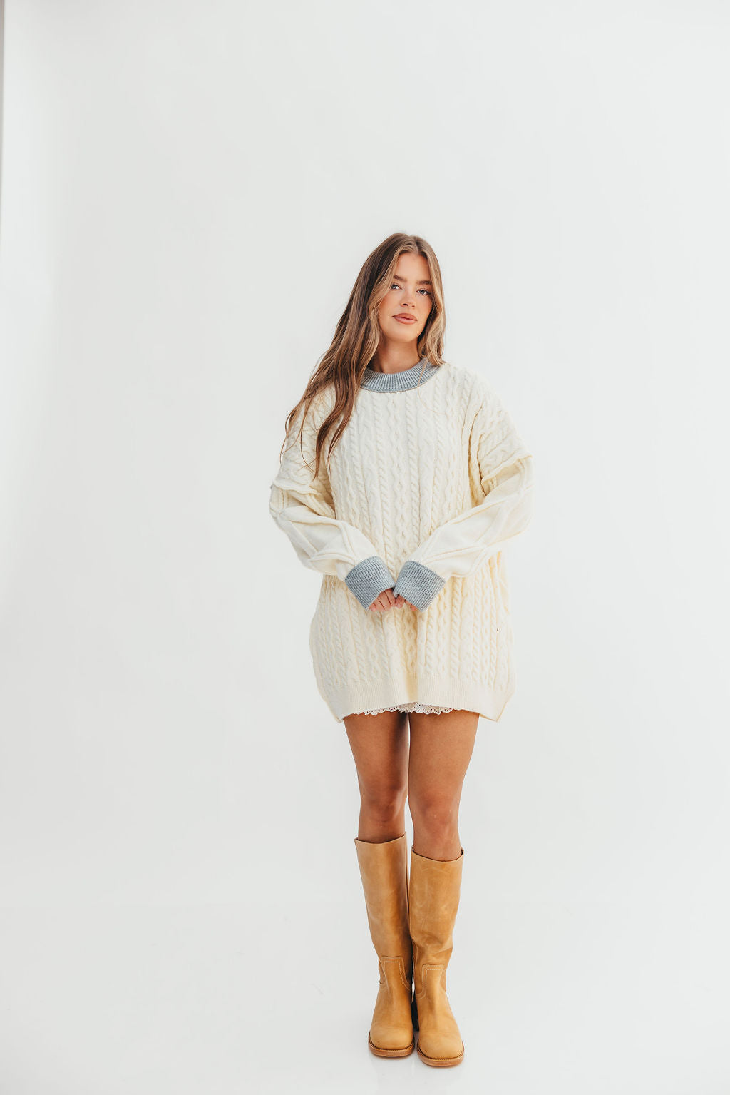Calvin Oversized Cable Knit Sweater with Contrast in Cream/Heather Grey
