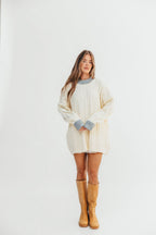 Calvin Oversized Cable Knit Sweater with Contrast in Cream/Heather Grey