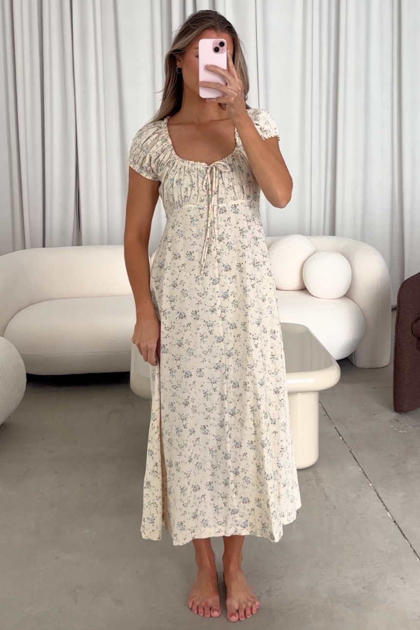 Marley 100% Cotton Midi Dress in Ivory/Blue -Bump Friendly - Restocking End of Jan 2026