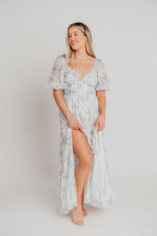 Daphne High Slit Eyelet Detail Maxi Dress in Blue and White Floral - Inclusive Sizing