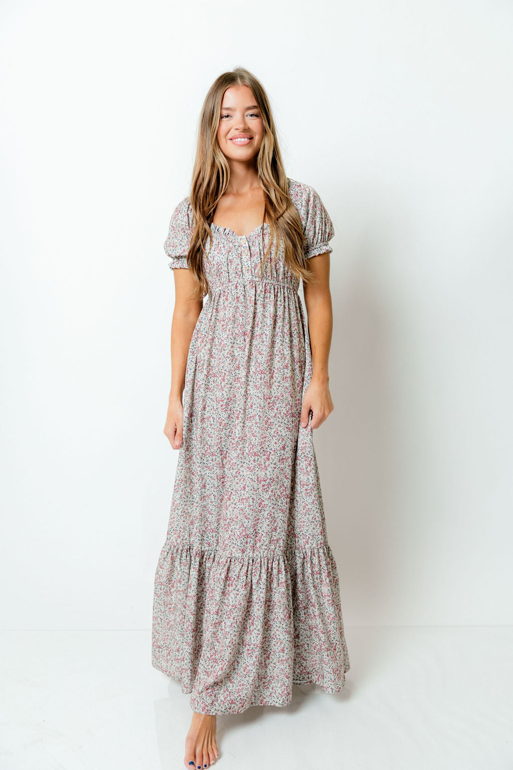 Valeria Romantic Floral Maxi Dress in Taupe