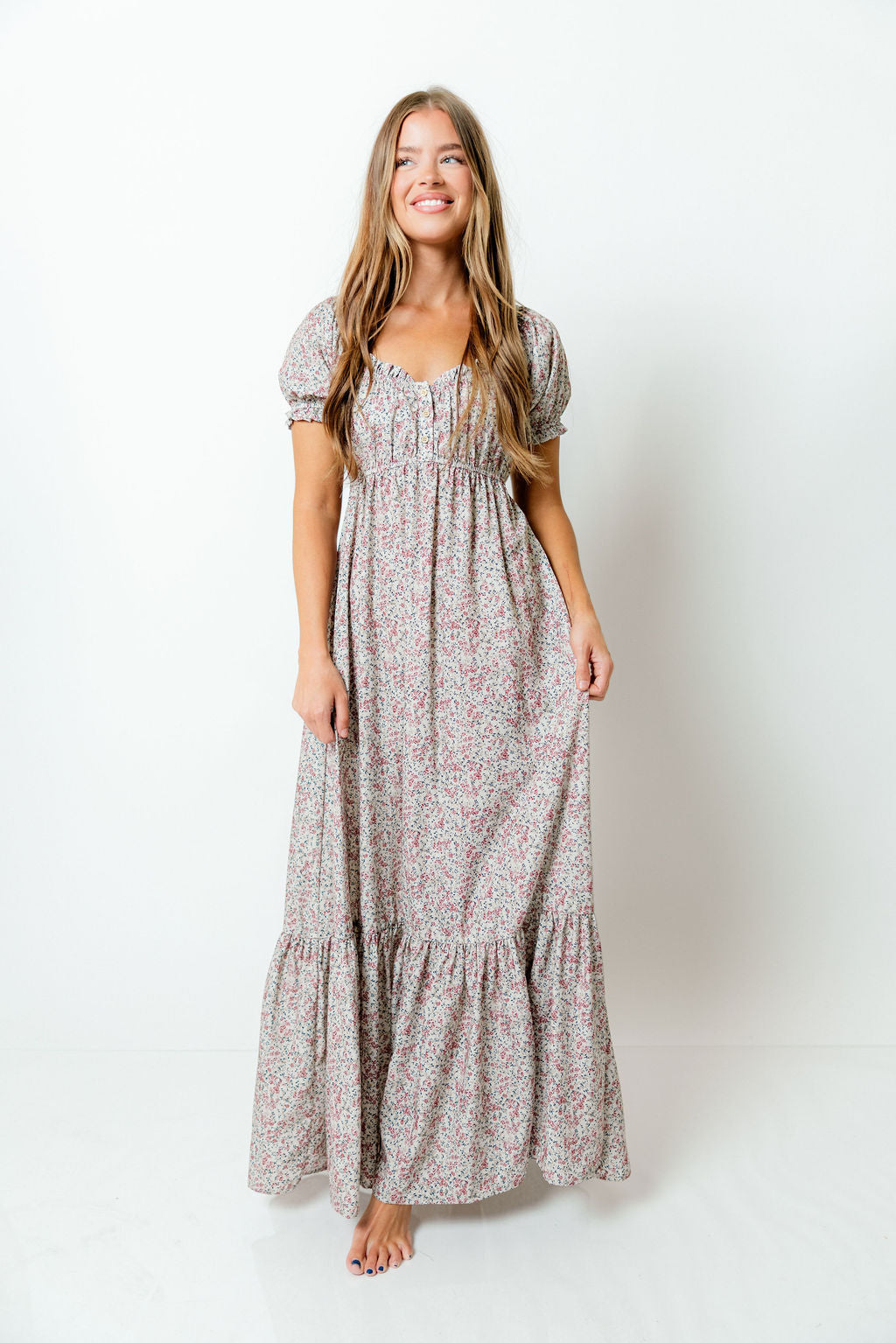 Valeria Romantic Floral Maxi Dress in Taupe