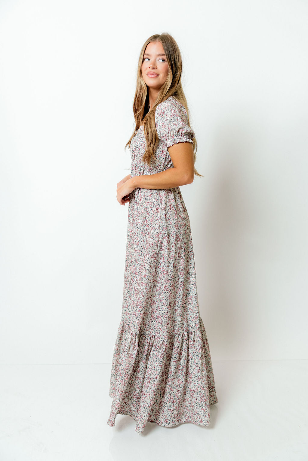 Valeria Romantic Floral Maxi Dress in Taupe
