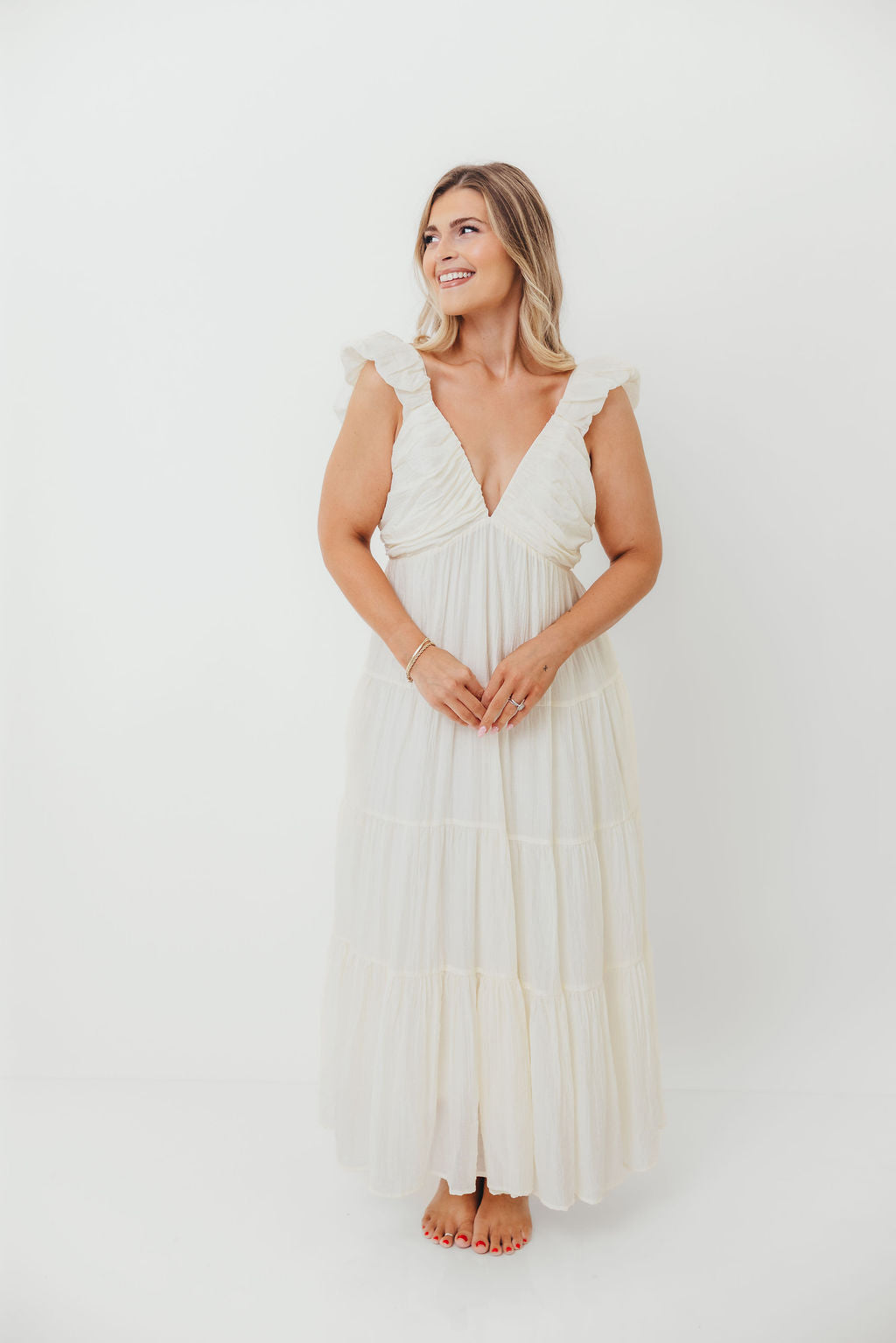 Katy Pleated Bodice Maxi Dress in Cream - Bump Friendly (Last Restock of the Year)